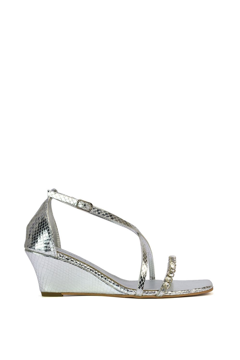 XY London Women's 'Sky' Strappy Square Toe Patterned Diamante Wedge Heel Sandals in Silver | Size: 5
