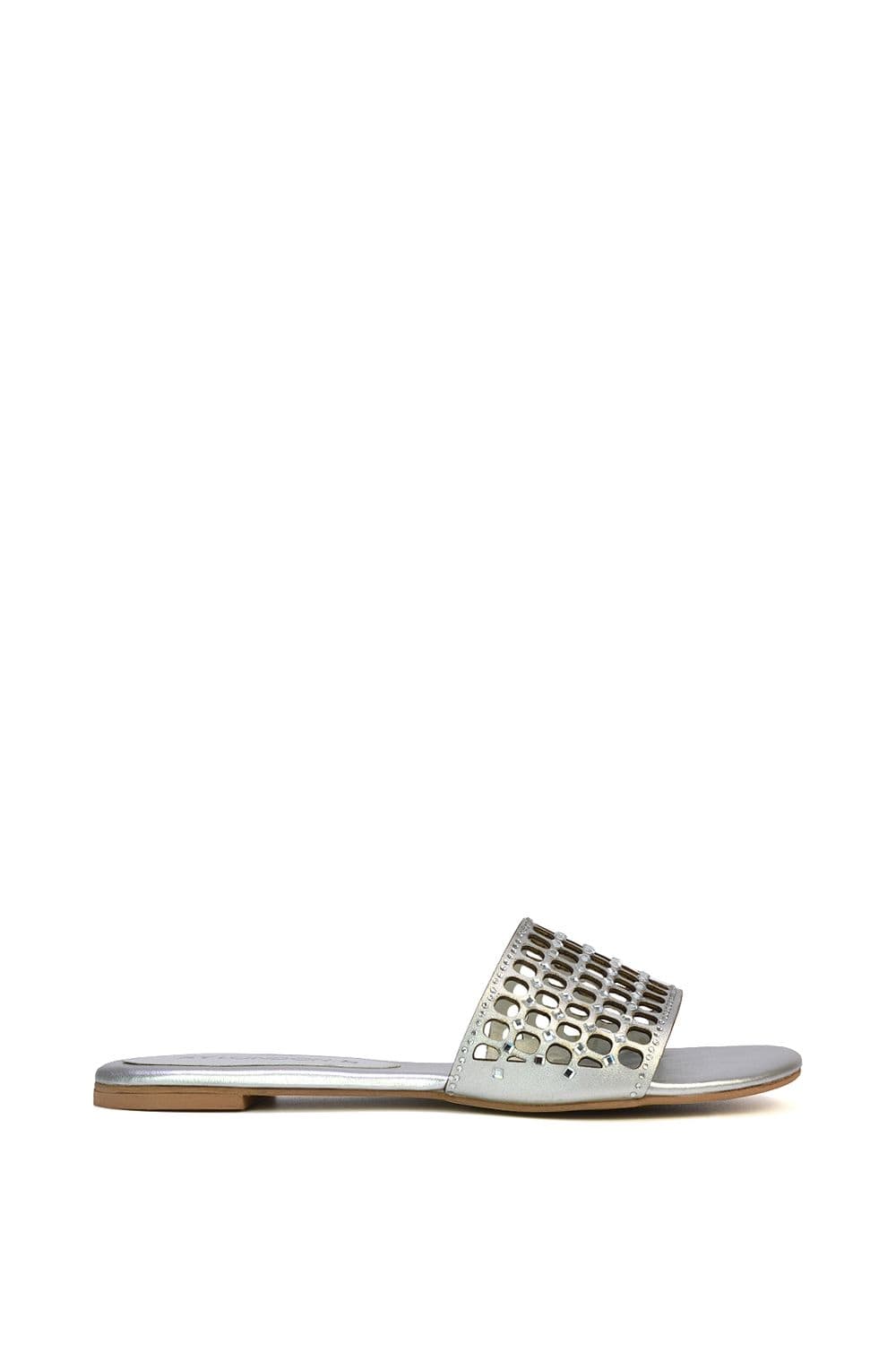 XY London Women's 'Abbie' Mesh Strappy Diamante Slip On Flat Sandals Sliders in Silver | Size: 7