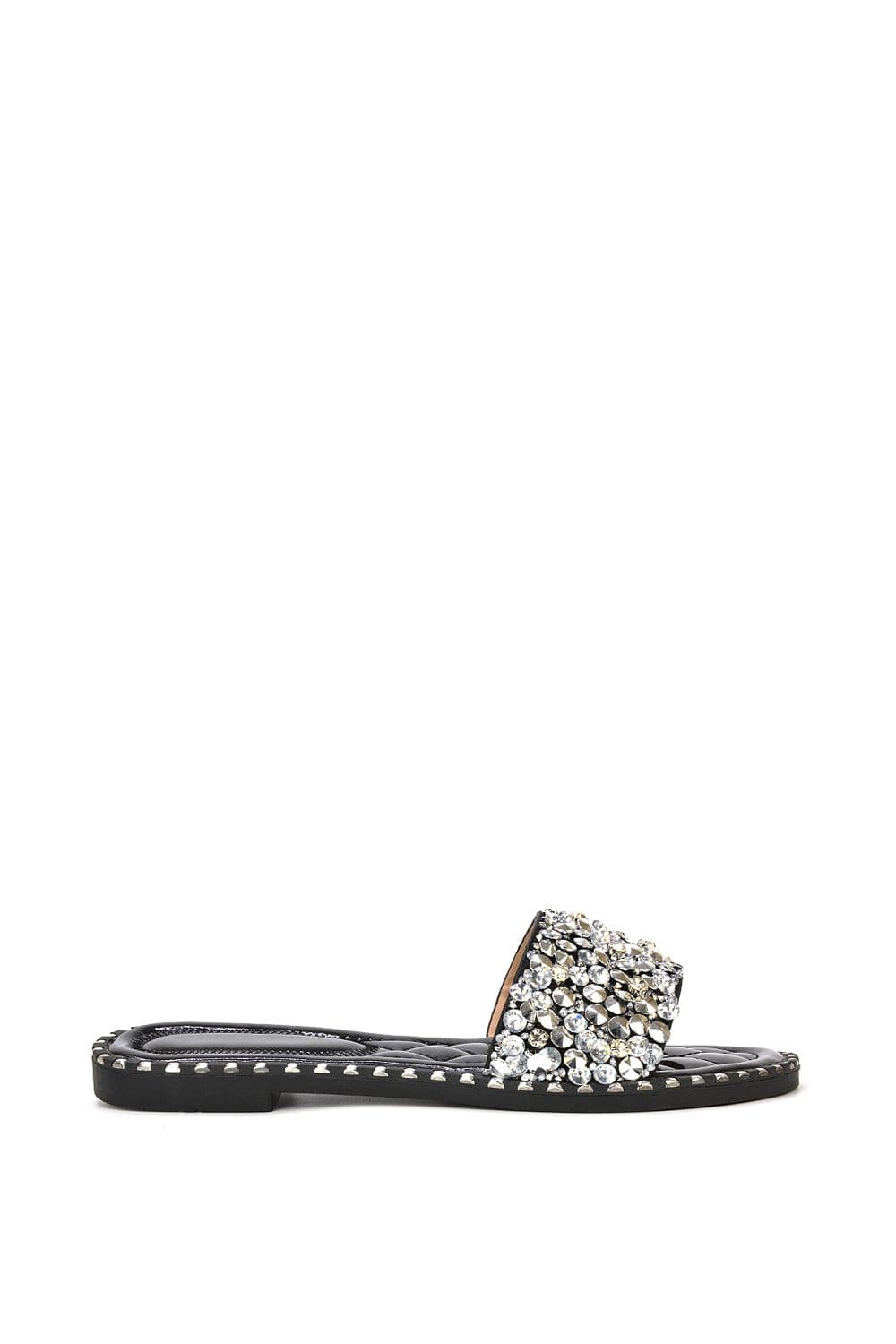 XY London Women's 'Khaleesi' Jewel Slider Slip On Flat Sparkly Diamante Mule Sandals in Black | Size: 5