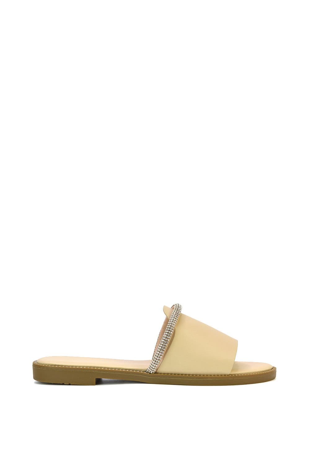 XY London Women's 'Khai' Flat Sandal Sliders With Diamante Rhinestone Strap in Nude | Size: 5