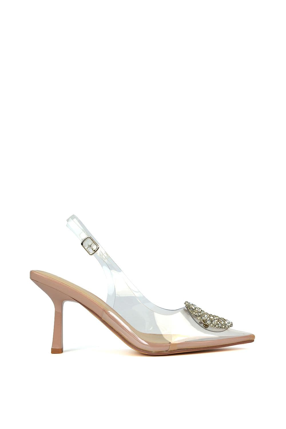 XY London Women's 'Aiysha' Clear Perspex Slingback Jewel Court Shoes Heels with Pointed Toe in Nude | Size: 6