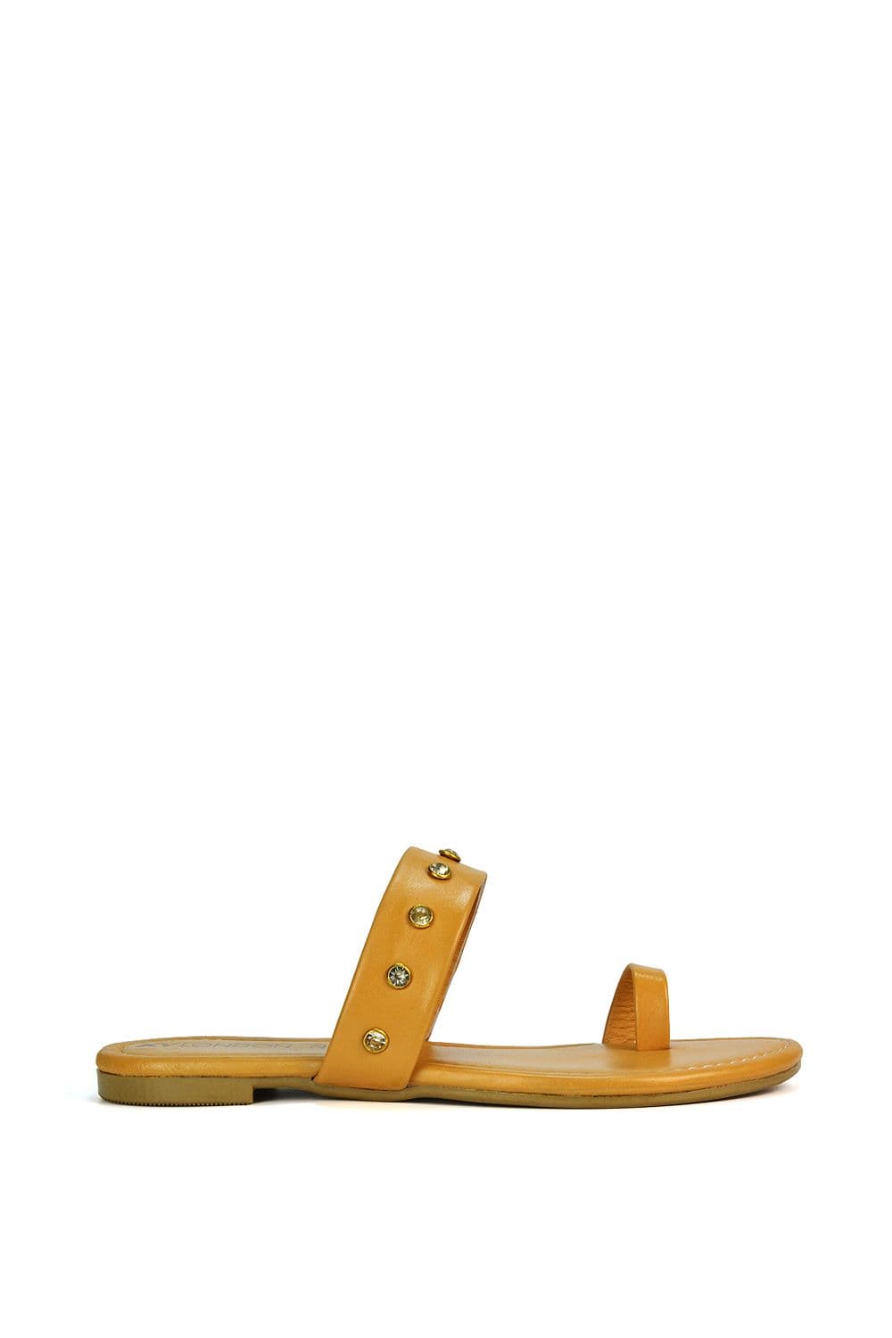 XY London Women's 'Isobel' Diamante Flip Flop Leather Sandal Slider Shoes With Toe Post in Tan | Size: 6