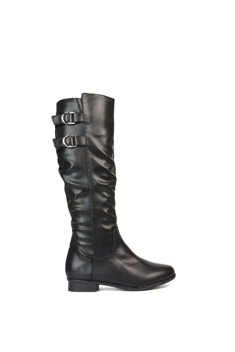 XY London Women's 'Mia' Slouchy Flat Heel Knee High Boots With Buckle Detail in Black | Size: 3