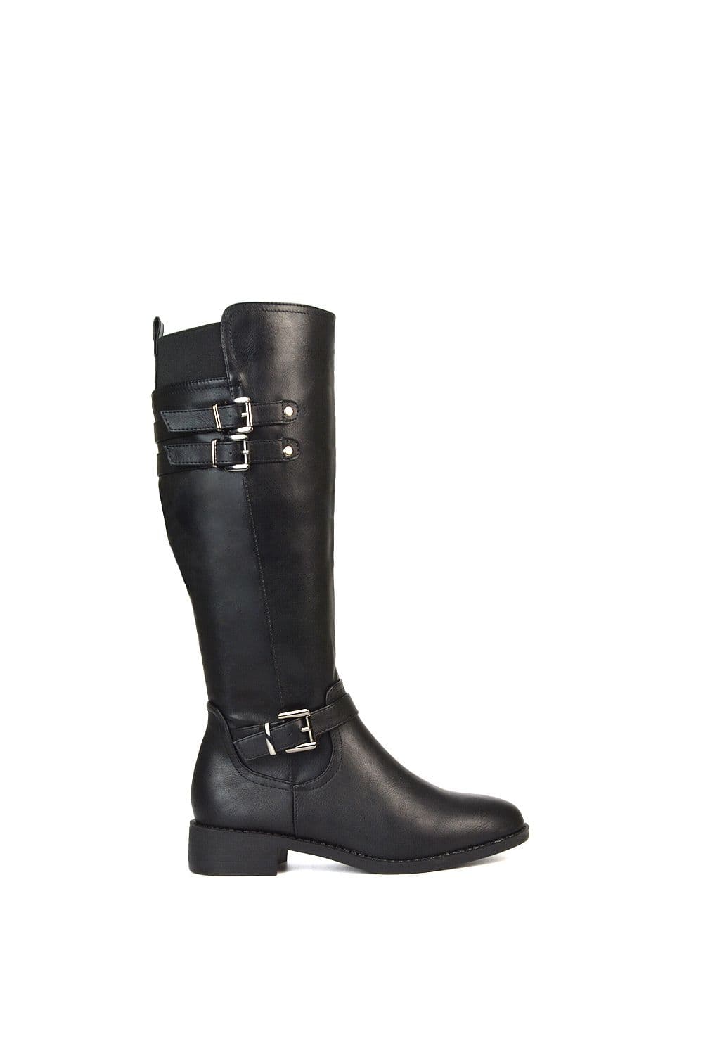 XY London Women's 'Amy' Knee High Elasticated Flat Biker Calf Boots with Buckles in Black | Size: 4