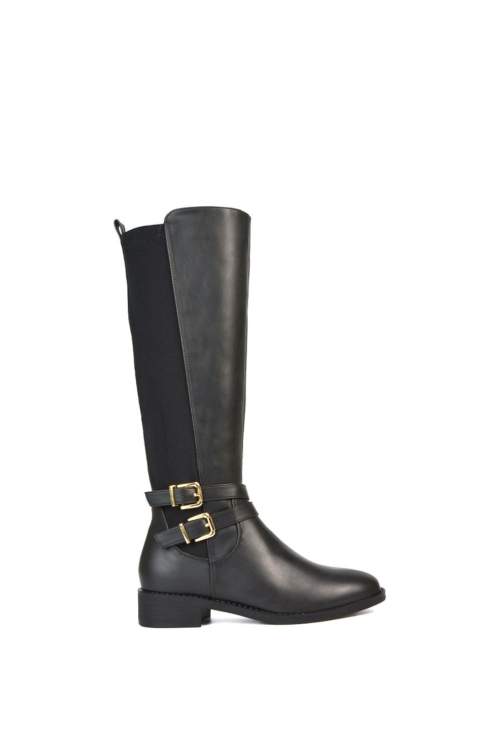 XY London Women's 'Charlie" Flat Heel Zip Up Knee High Stretchy Boots With Buckle in Black | Size: 5