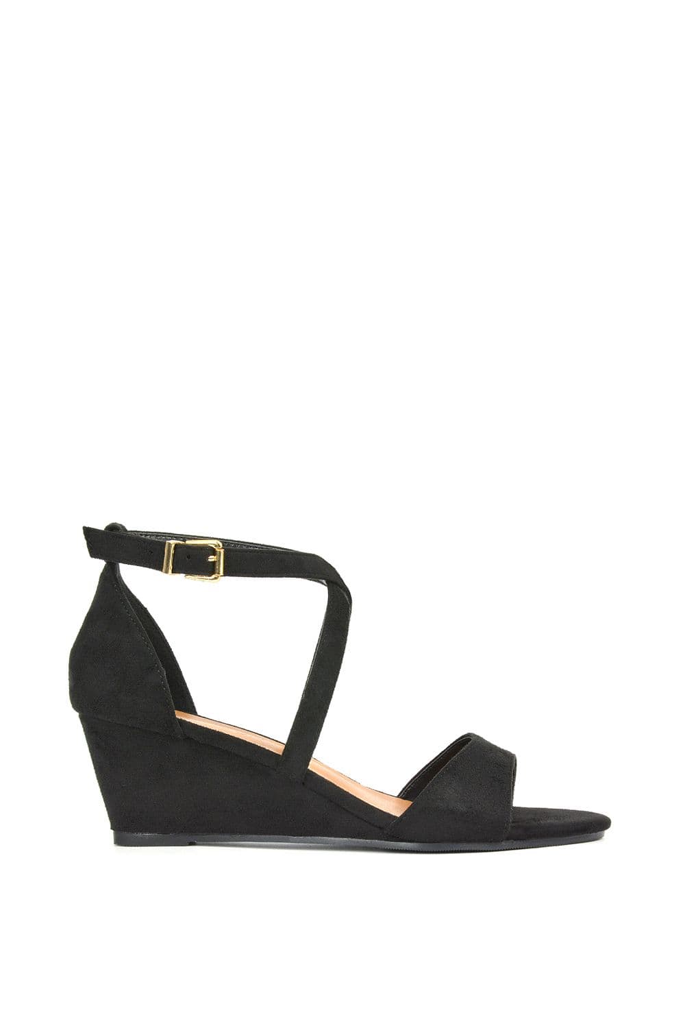 XY London Women's 'Kylie' Strappy Wedge Heel Sandals With Ankle Strap in Jet Black | Size: 6