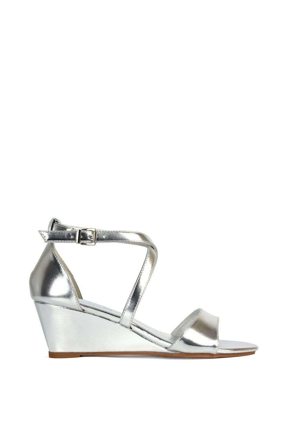 XY London Women's 'Kylie' Strappy Wedge Heel Sandals With Ankle Strap in Metallic Silver | Size: 8