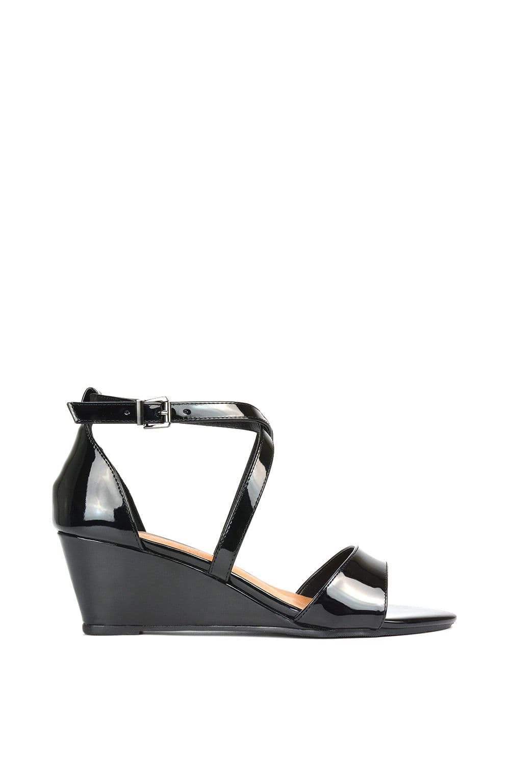 XY London Women's 'Kylie' Strappy Wedge Heel Sandals With Ankle Strap in True Black | Size: 7