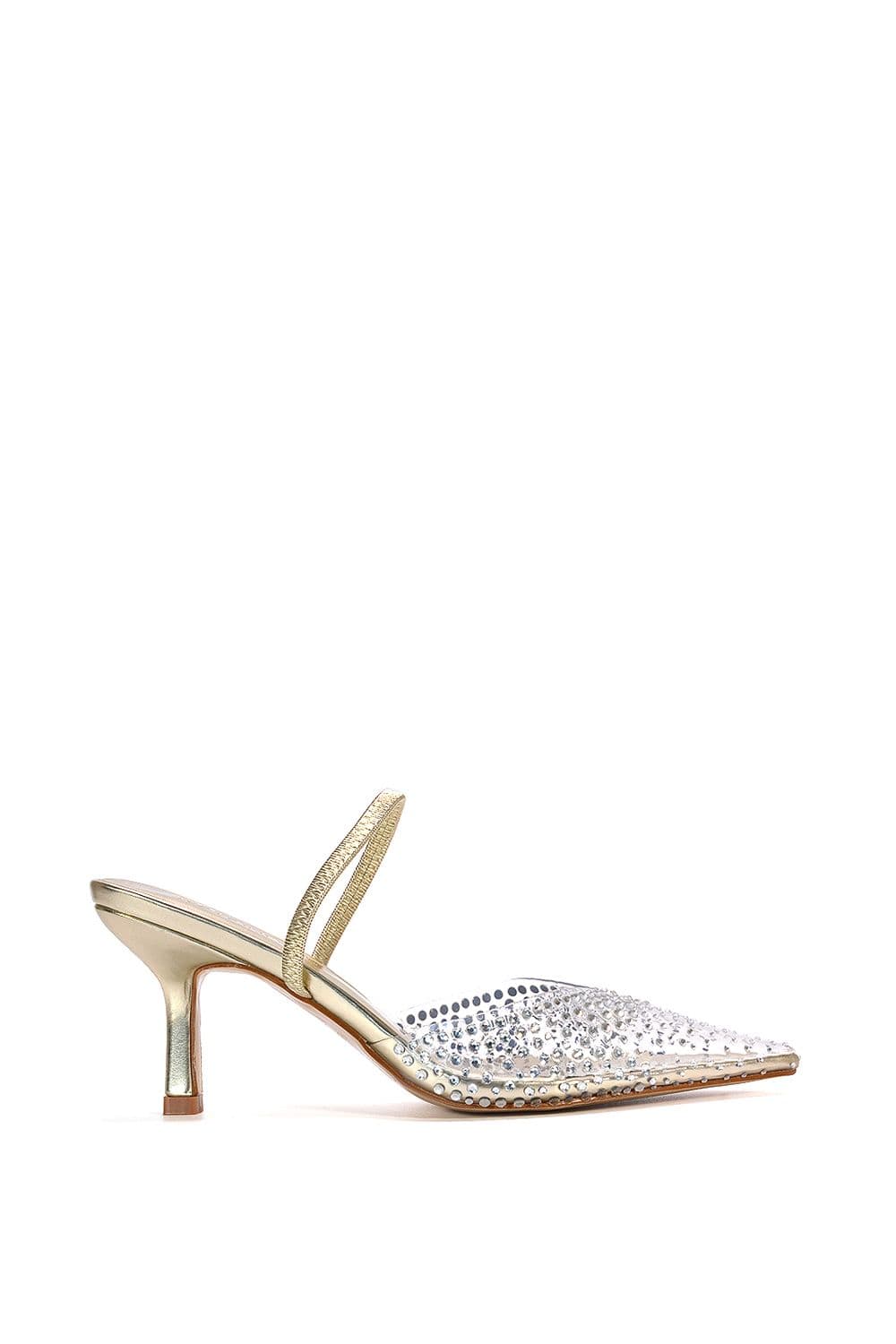 XY London Women's 'Tia' Clear Perspex Diamante Stiletto Heel Slingback Court Shoes in Metallic Gold | Size: 4
