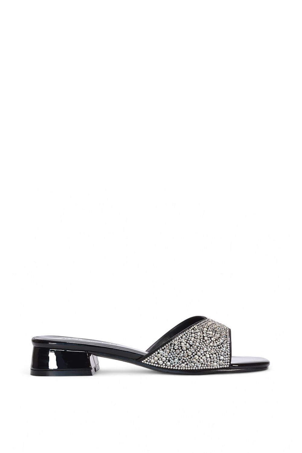 XY London Women's 'Erica' Open Toe Slip On Diamante Low Heel Mule Shoes in True Black | Size: 7