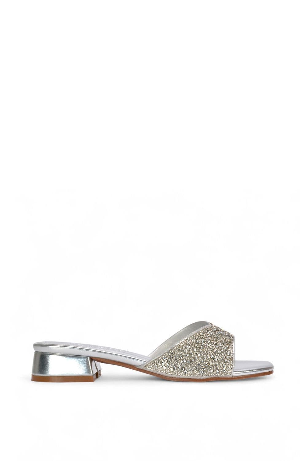 XY London Women's 'Erica' Open Toe Slip On Diamante Low Heel Mule Shoes in Metallic Silver | Size: 6