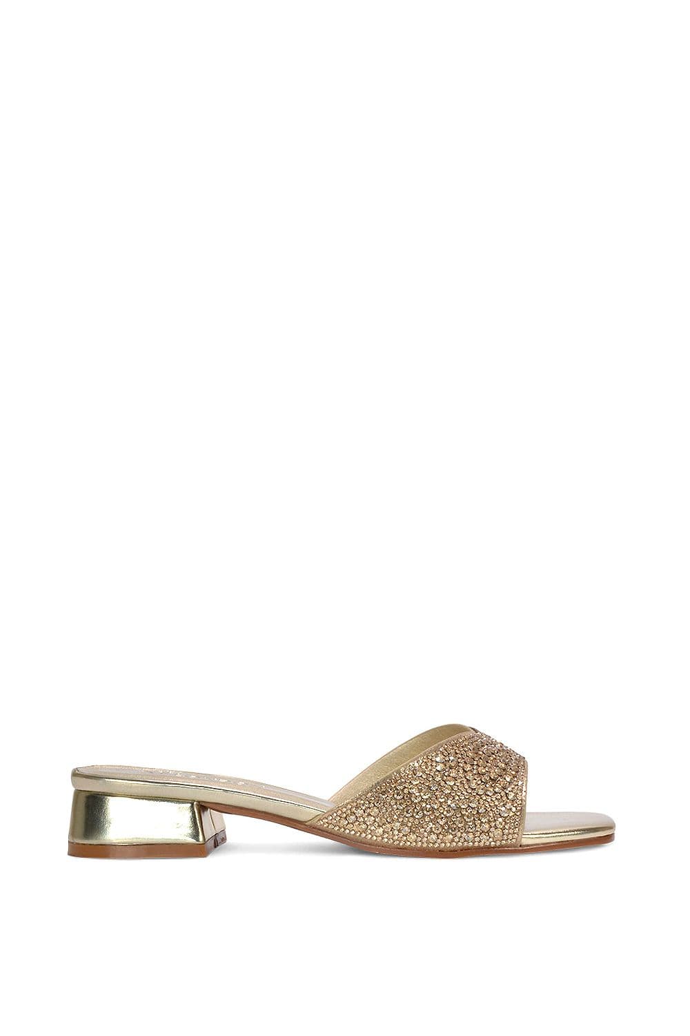 XY London Women's 'Erica' Open Toe Slip On Diamante Low Heel Mule Shoes in Metallic Gold | Size: 3