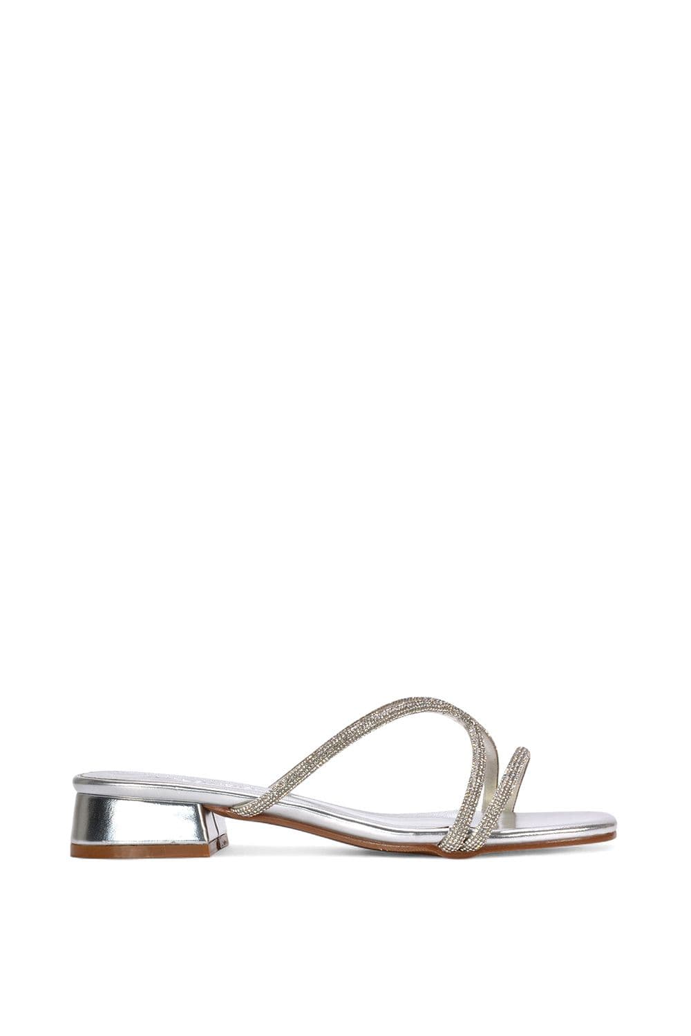 XY London Women's 'Olivia' Strappy Low Block Heel Diamante Sandals With Square Toe in Metallic Silver | Size: 3