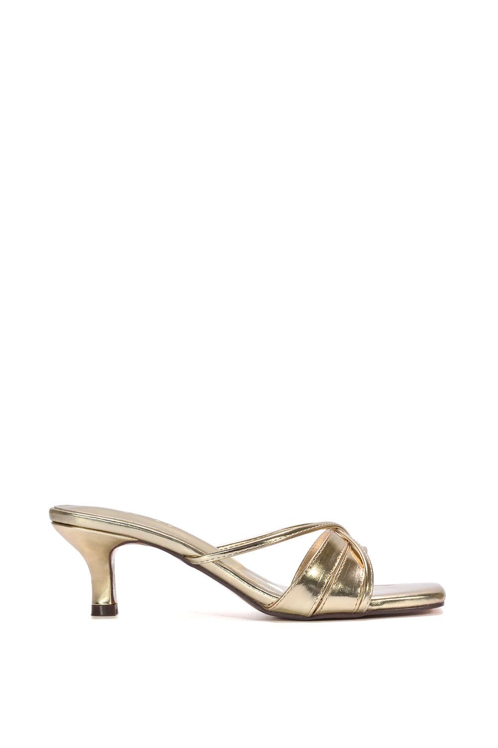 XY London Women's 'Claudia' Mid Heeled Sandal Slip On Mules With Square Toe in Metallic Gold | Size: 4