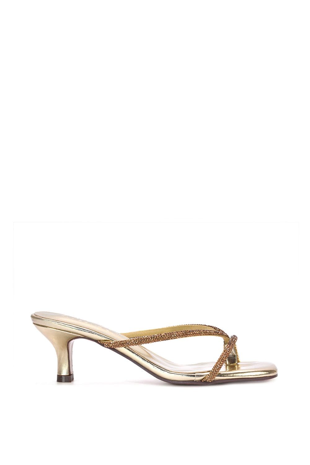 XY London Women's 'Megan' Slip On Sparkly Diamante Mid Kitten Heel Sandal Mules in Metallic Gold | Size: 3