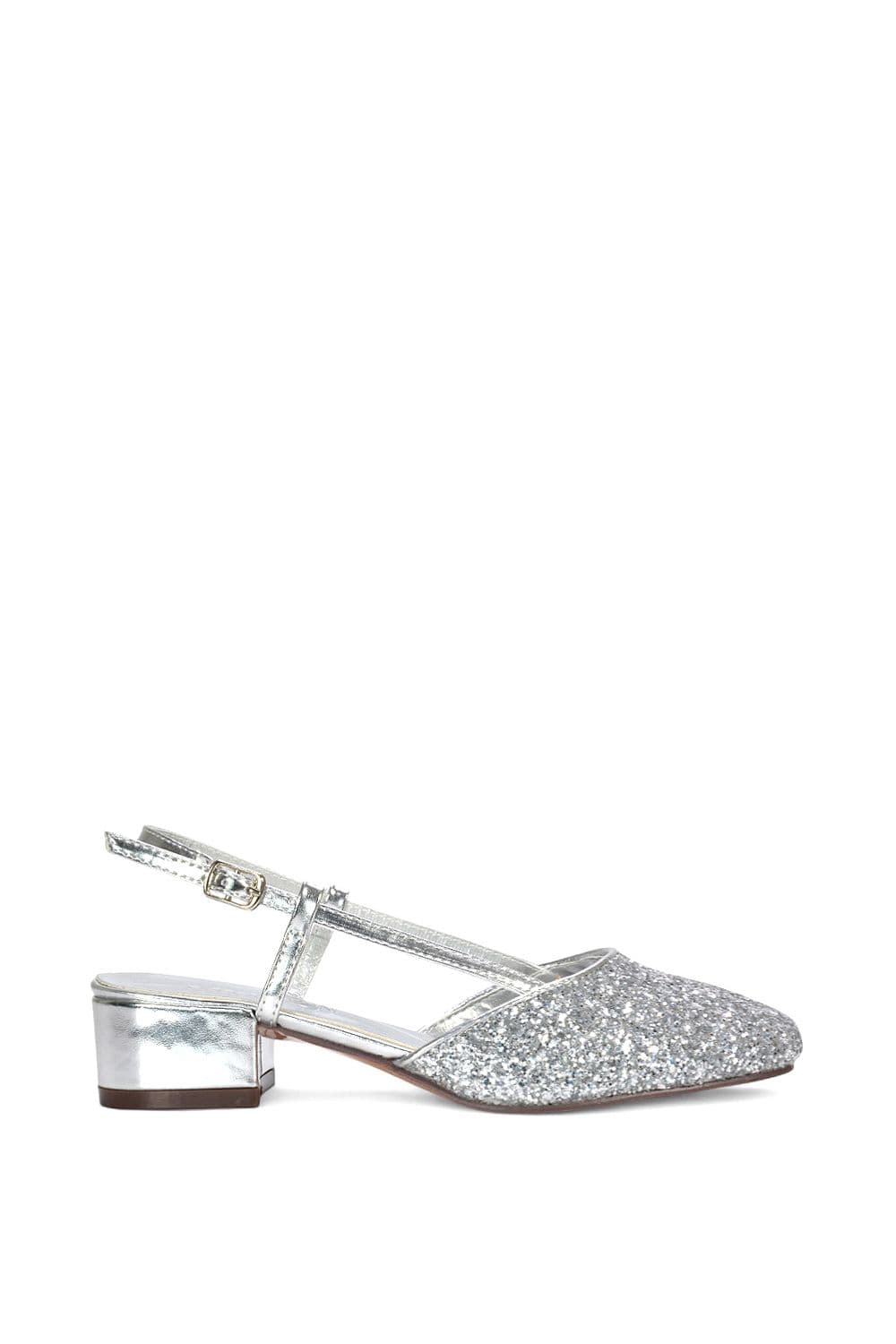 XY London Women's 'Kira' Low Heel Court Shoes With Slingback & Buckle in Silver | Size: 6
