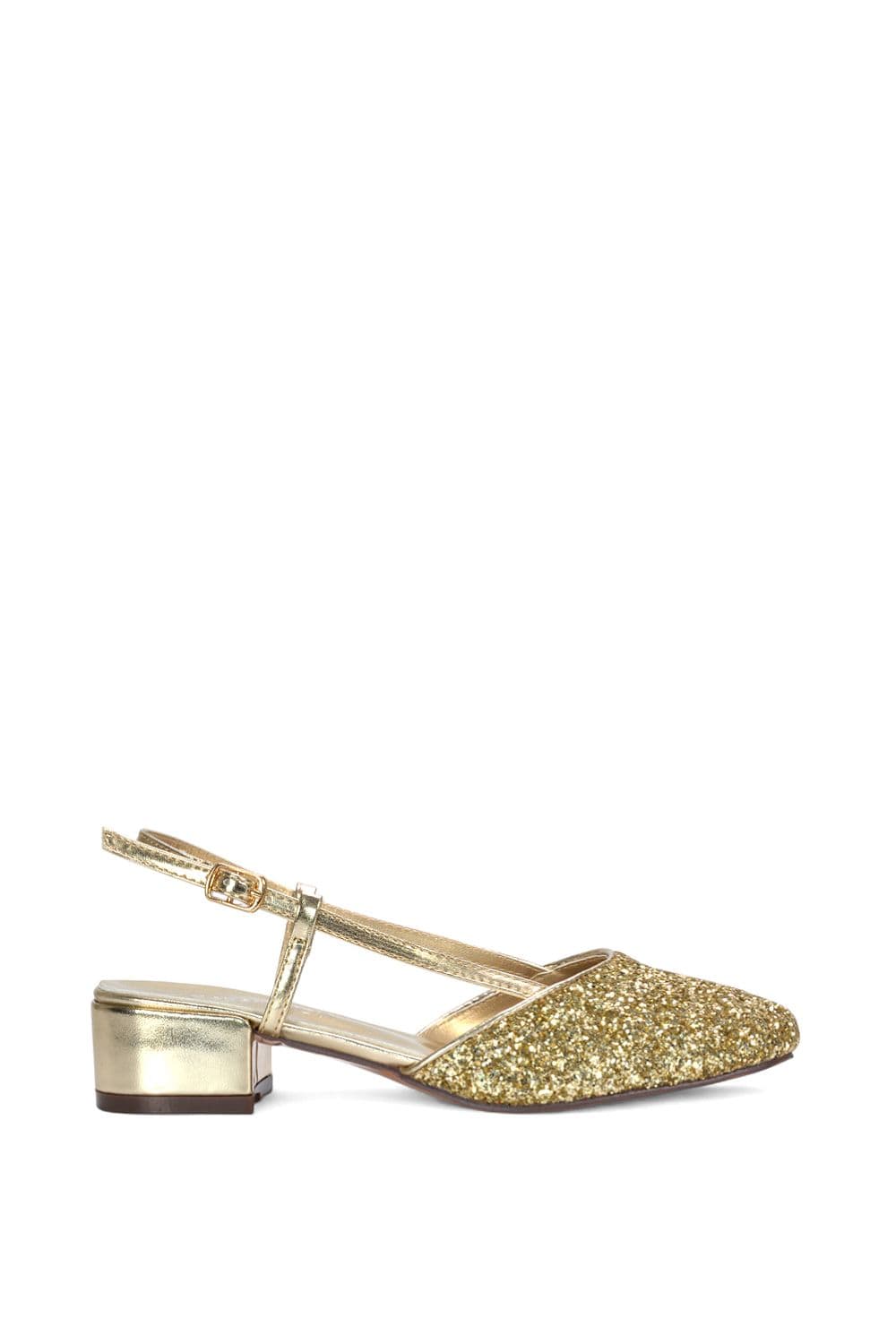 XY London Women's 'Kira' Low Heel Court Shoes With Slingback & Buckle in Gold | Size: 6