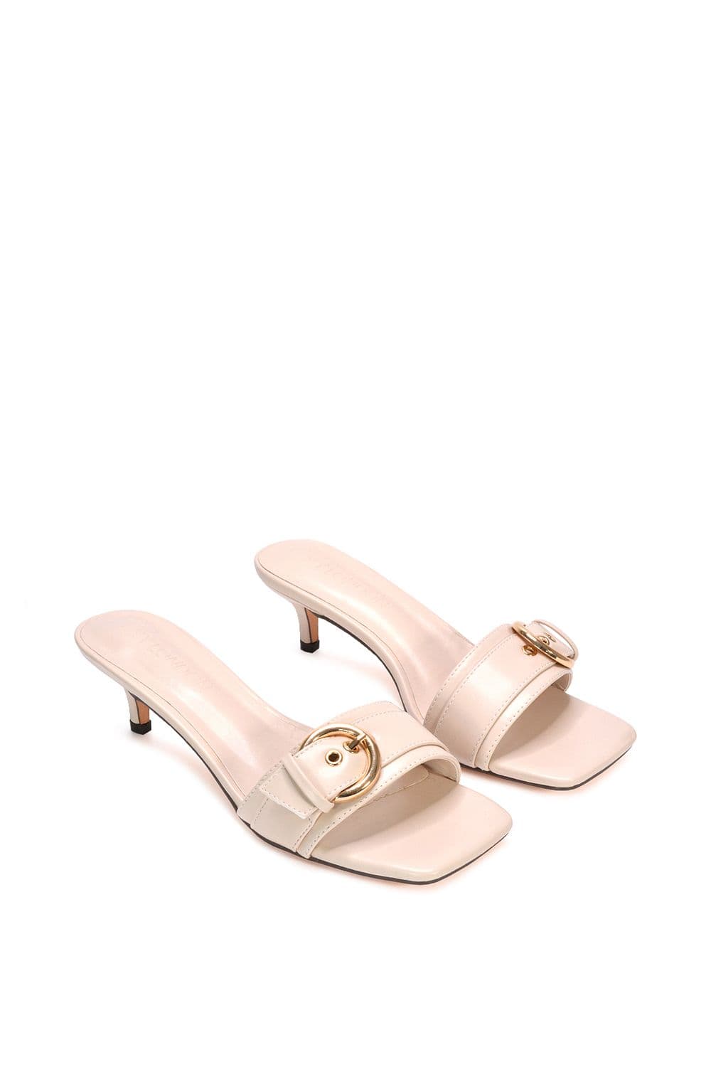 XY London Women's ‘Addison' Kitten Heel Slip On Mule Sandals With Buckle Detail in Nude | Size: 5