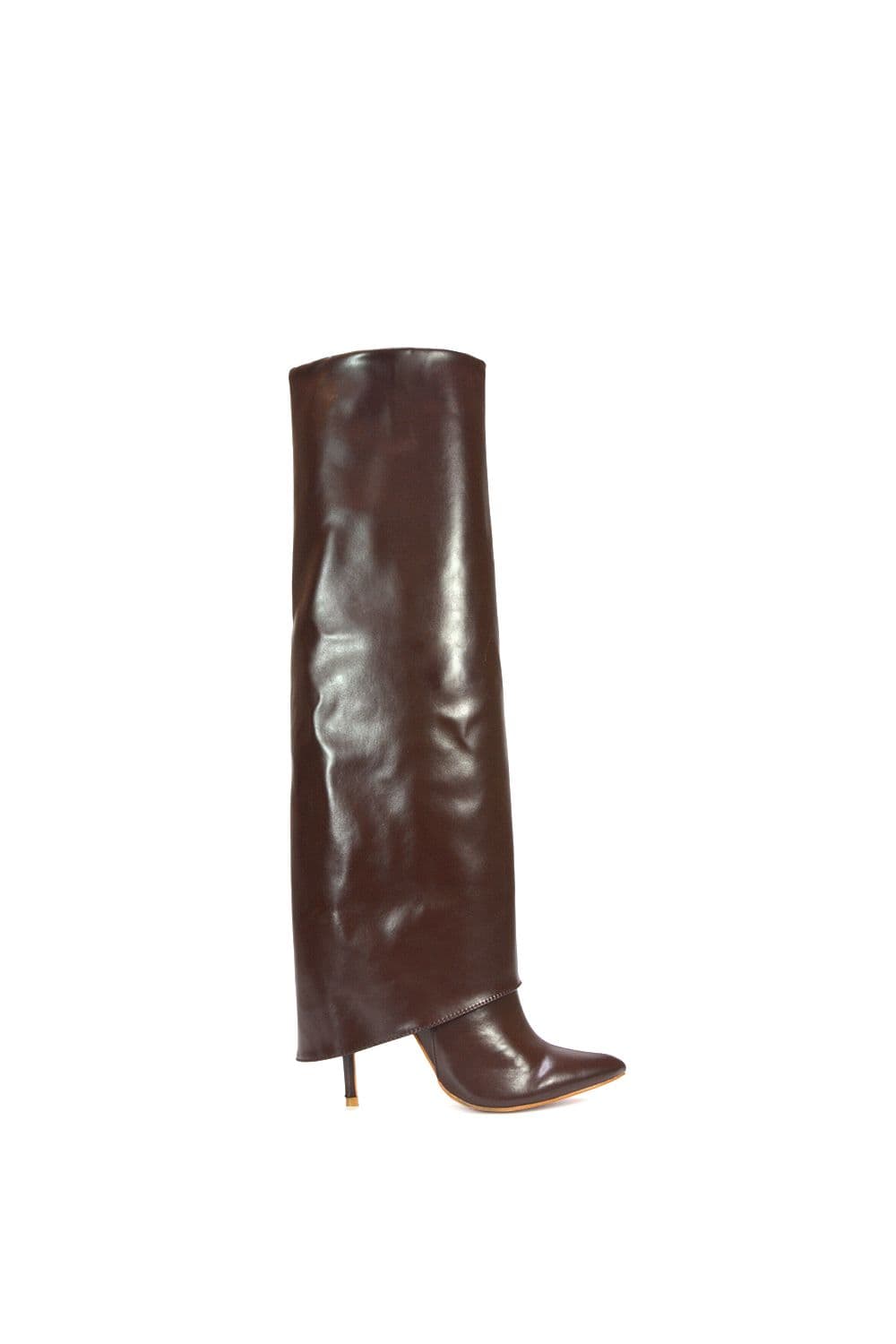 XY London Women's 'Shauna' Foldover Knee High Boots With Stiletto Heel in Brown | Size: 5