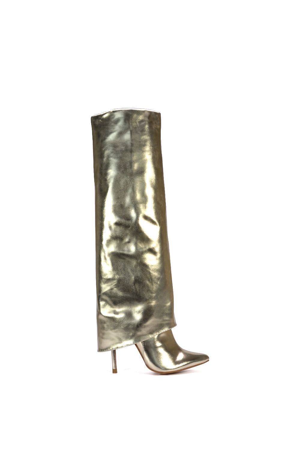 XY London Women's 'Shauna' Foldover Knee High Boots With Stiletto Heel in Metallic Gold | Size: 4