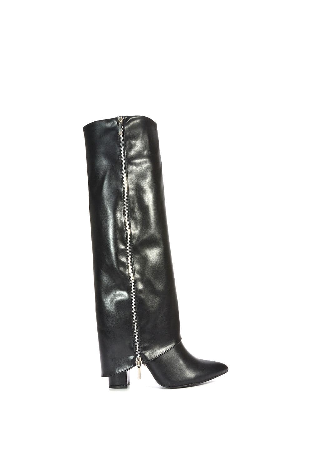 XY London Women's 'Allie' Knee High Boots Fold Over Point Toe Deco Zip in Black | Size: 6
