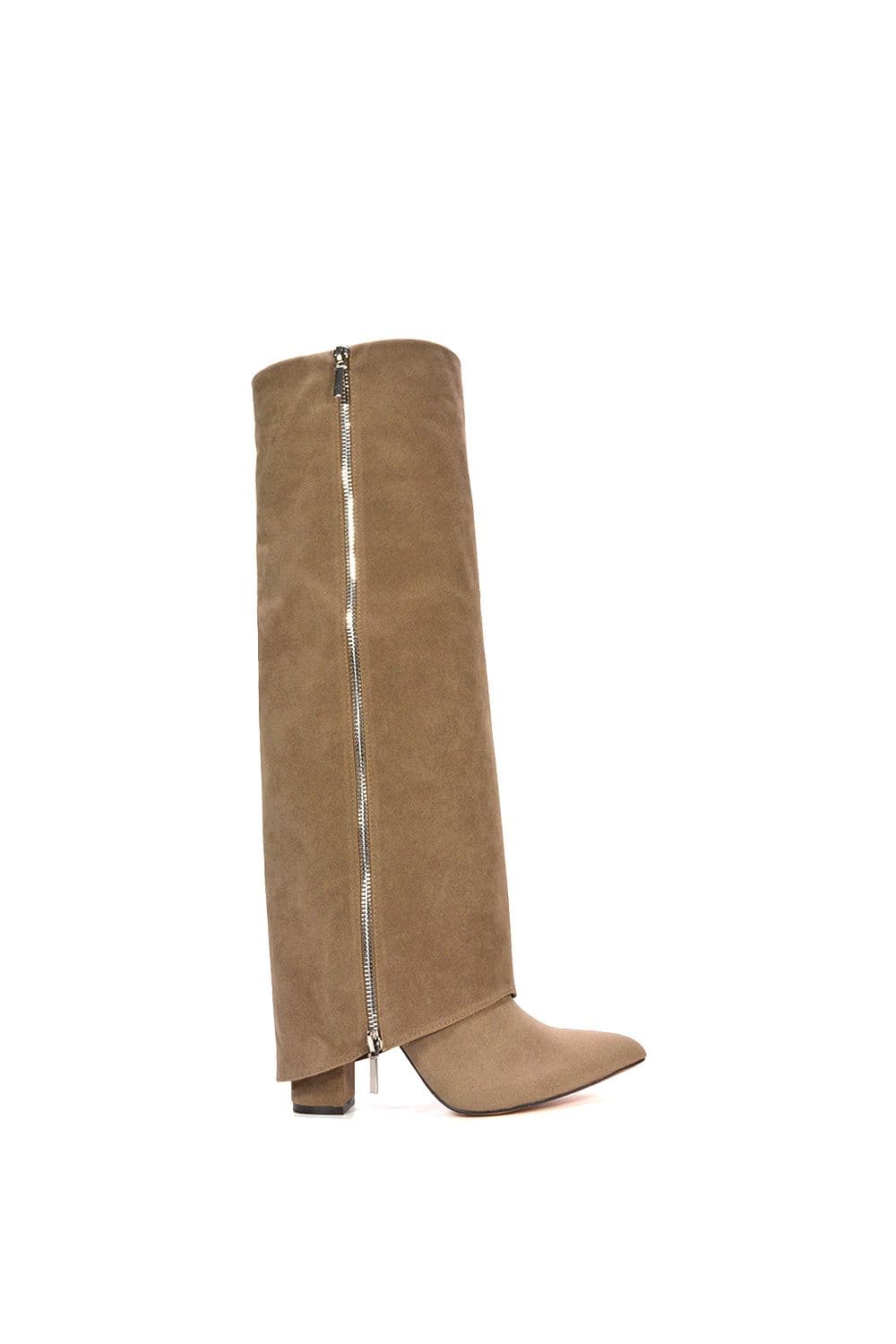 XY London Women's 'Allie' Knee High Boots Fold Over Point Toe Deco Zip in Taupe | Size: 7