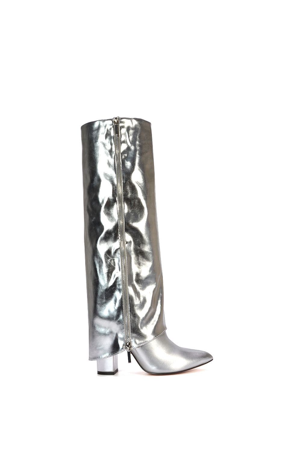XY London Women's 'Allie' Knee High Boots Fold Over Point Toe Deco Zip in Metallic Silver | Size: 5