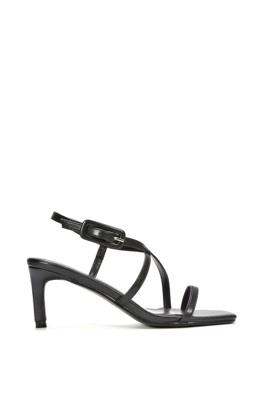 XY London Women's 'Gabriella' Square Toe Mid Stiletto Heel Sandals With Adjustable Strap in Black | Size: 8