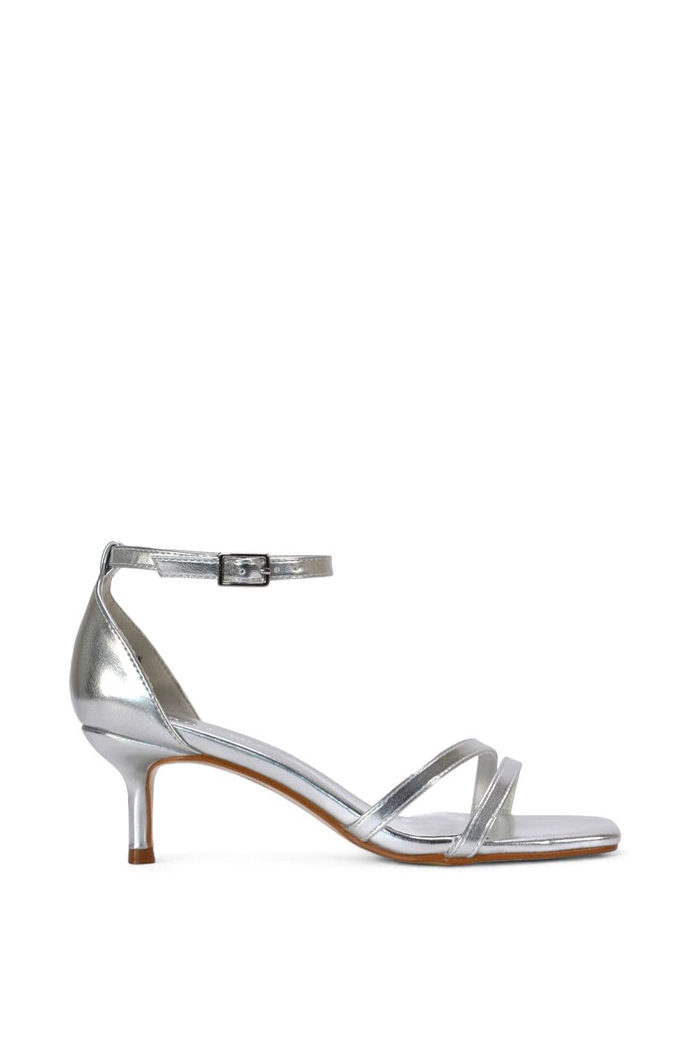 XY London Women's 'Lea' Open Toe Strappy Low Kitten Heel Sandal Shoes in Metallic Silver | Size: 5