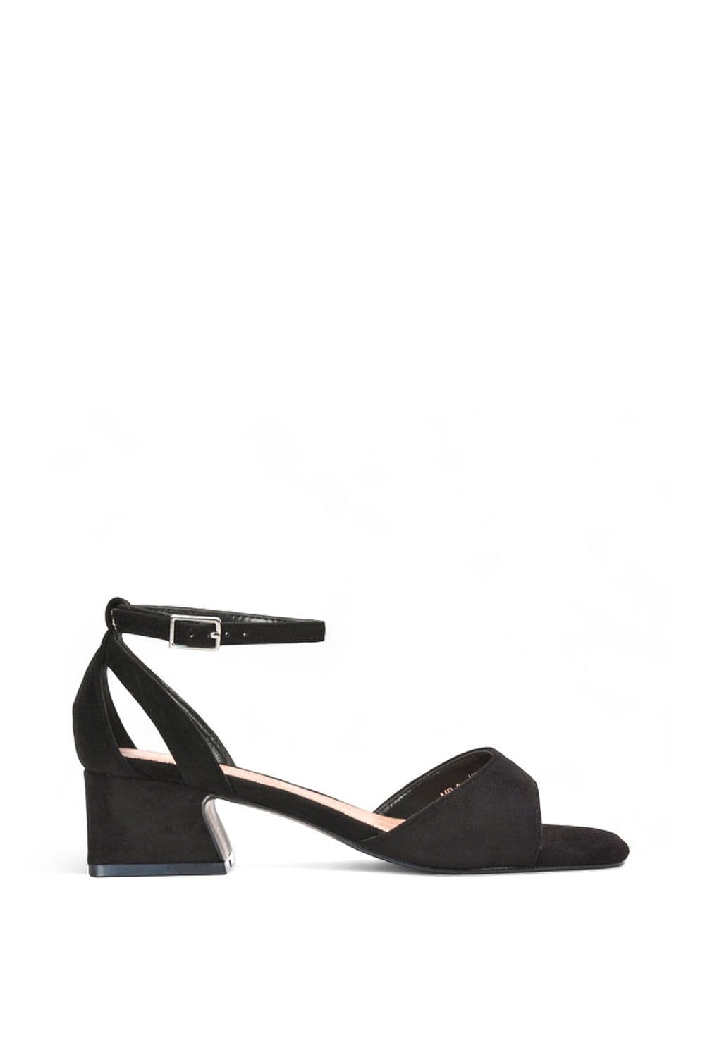 XY London Women's 'Hayley' Ankle Strap Block Low Heel Sandals With Cut Out in Jet Black | Size: 7