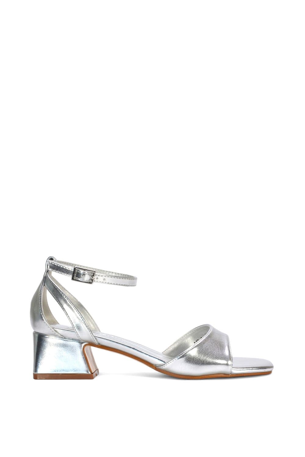 XY London Women's 'Hayley' Ankle Strap Block Low Heel Sandals With Cut Out in Metallic Silver | Size: 6