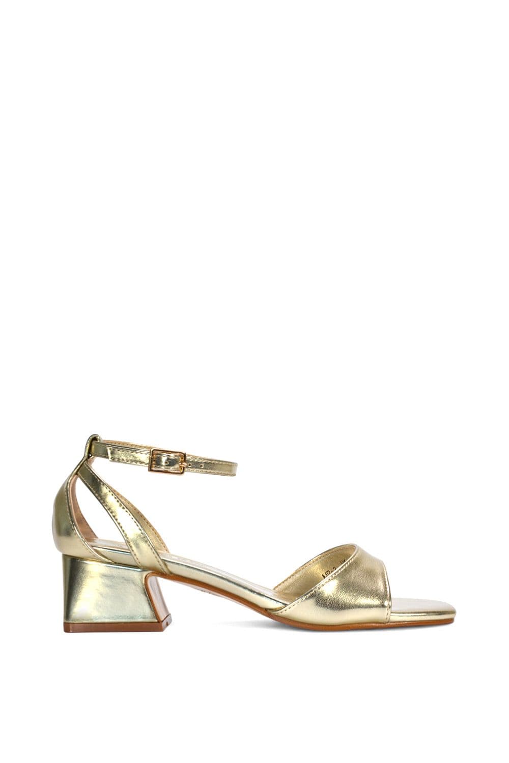 XY London Women's 'Hayley' Ankle Strap Block Low Heel Sandals With Cut Out in Metallic Gold | Size: 4