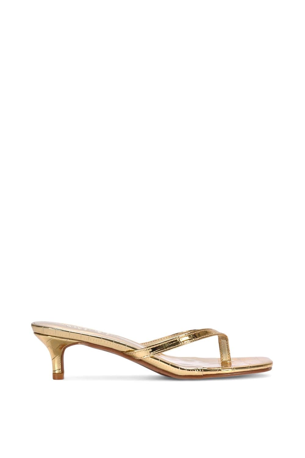 XY London Women's 'Jane' Toe Post Low Kitten Heel Mule Sandal Shoes in Gold | Size: 4