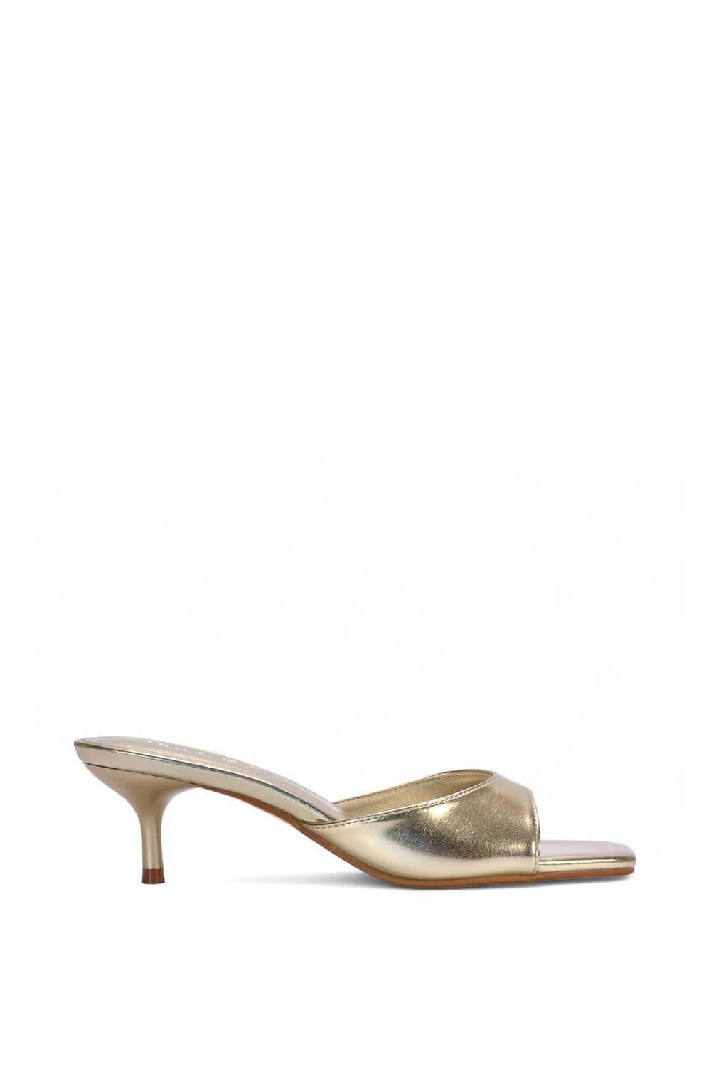 XY London Women's 'Jane' Square Toe Kitten Heel Slip On Heeled Sandal Mules in Metallic Gold | Size: 4
