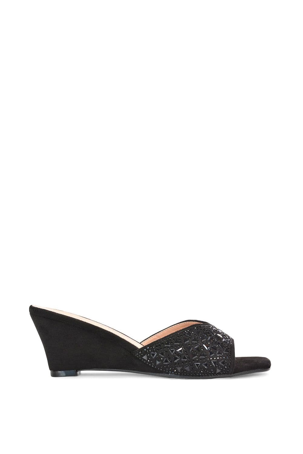 XY London Women's 'Georgia' Wedge Heel Diamante Square Peep Toe Heeled Mule Sandals in Black | Size: 5