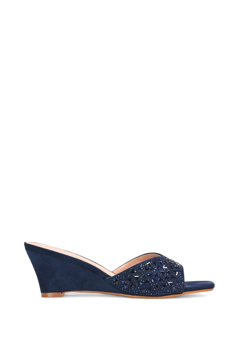 XY London Women's 'Georgia' Wedge Heel Diamante Square Peep Toe Heeled Mule Sandals in Navy | Size: 7