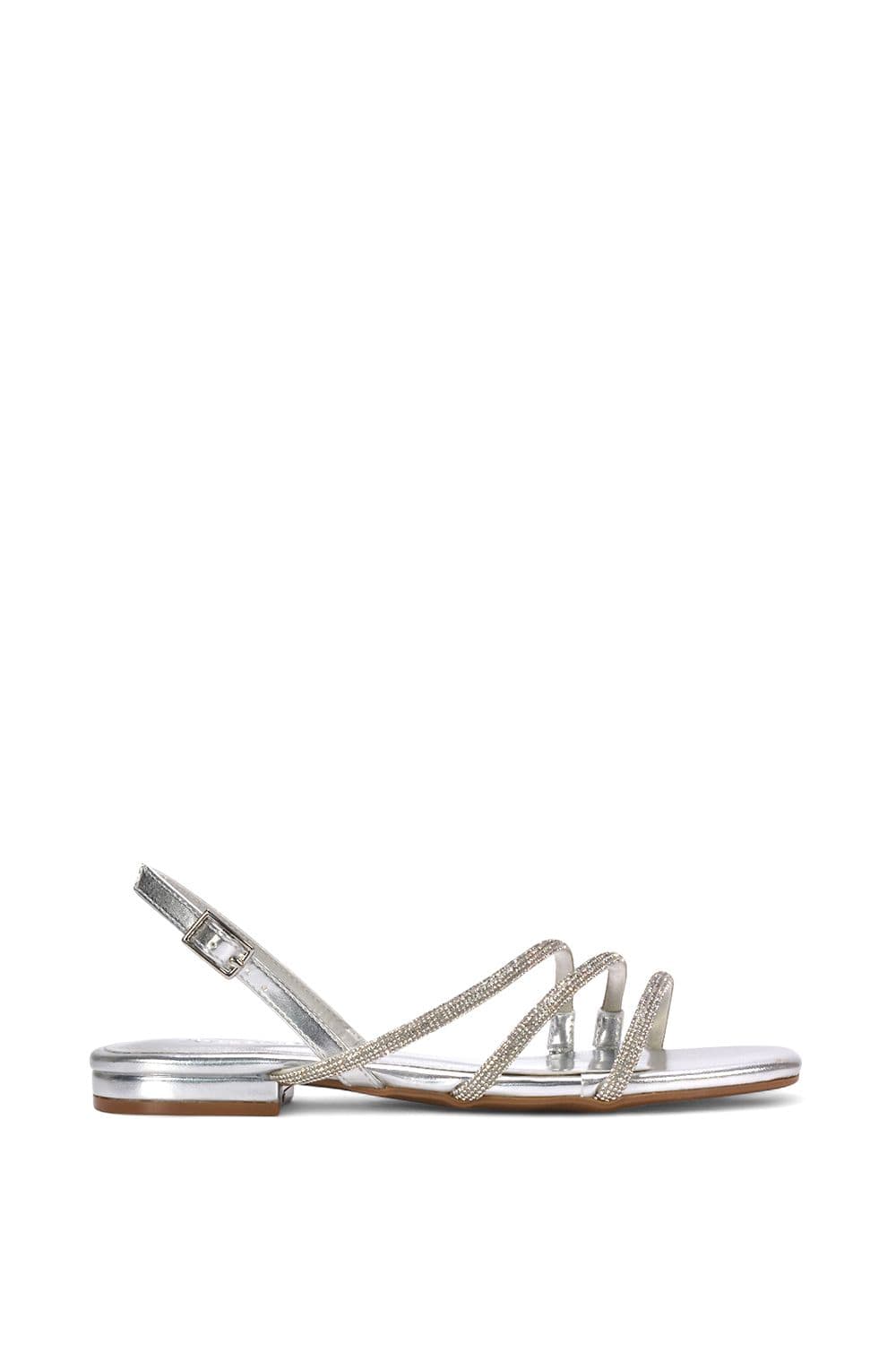 XY London Women's 'Abigale' Strappy Diamante Flat Slingback Sandals With Buckle in Metallic Silver | Size: 3
