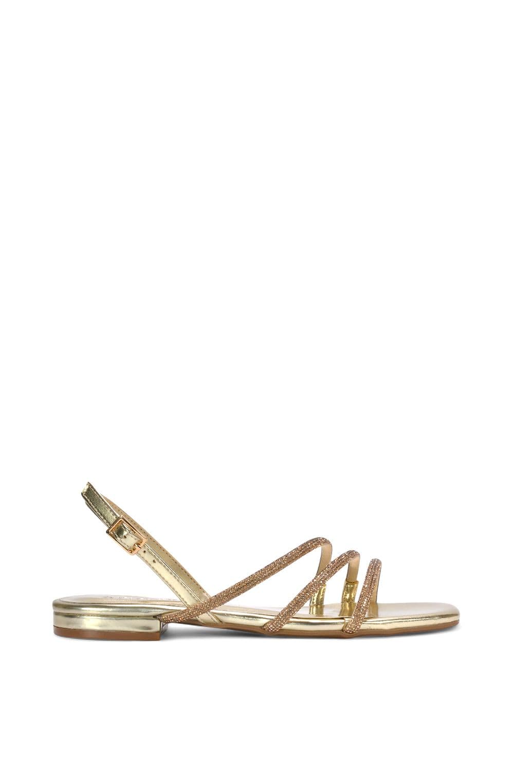 XY London Women's 'Abigale' Strappy Diamante Flat Slingback Sandals With Buckle in Metallic Gold | Size: 3