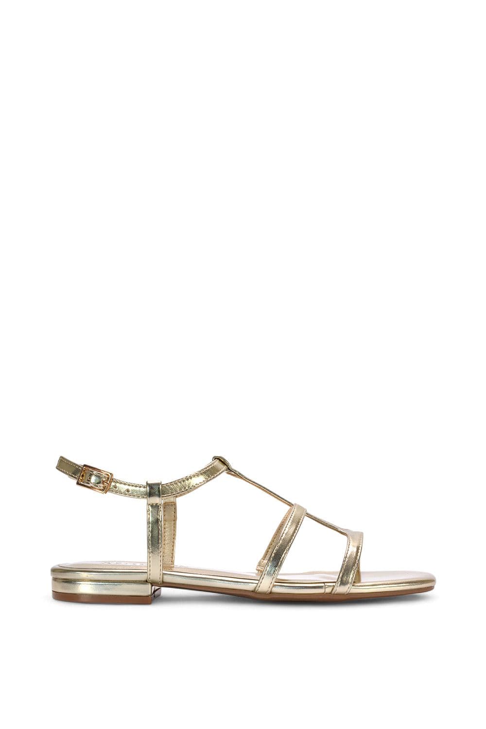 XY London Women's 'Danielle' Flat Strappy Caged Square Toe Sandals With Buckle in Metallic Gold | Size: 6