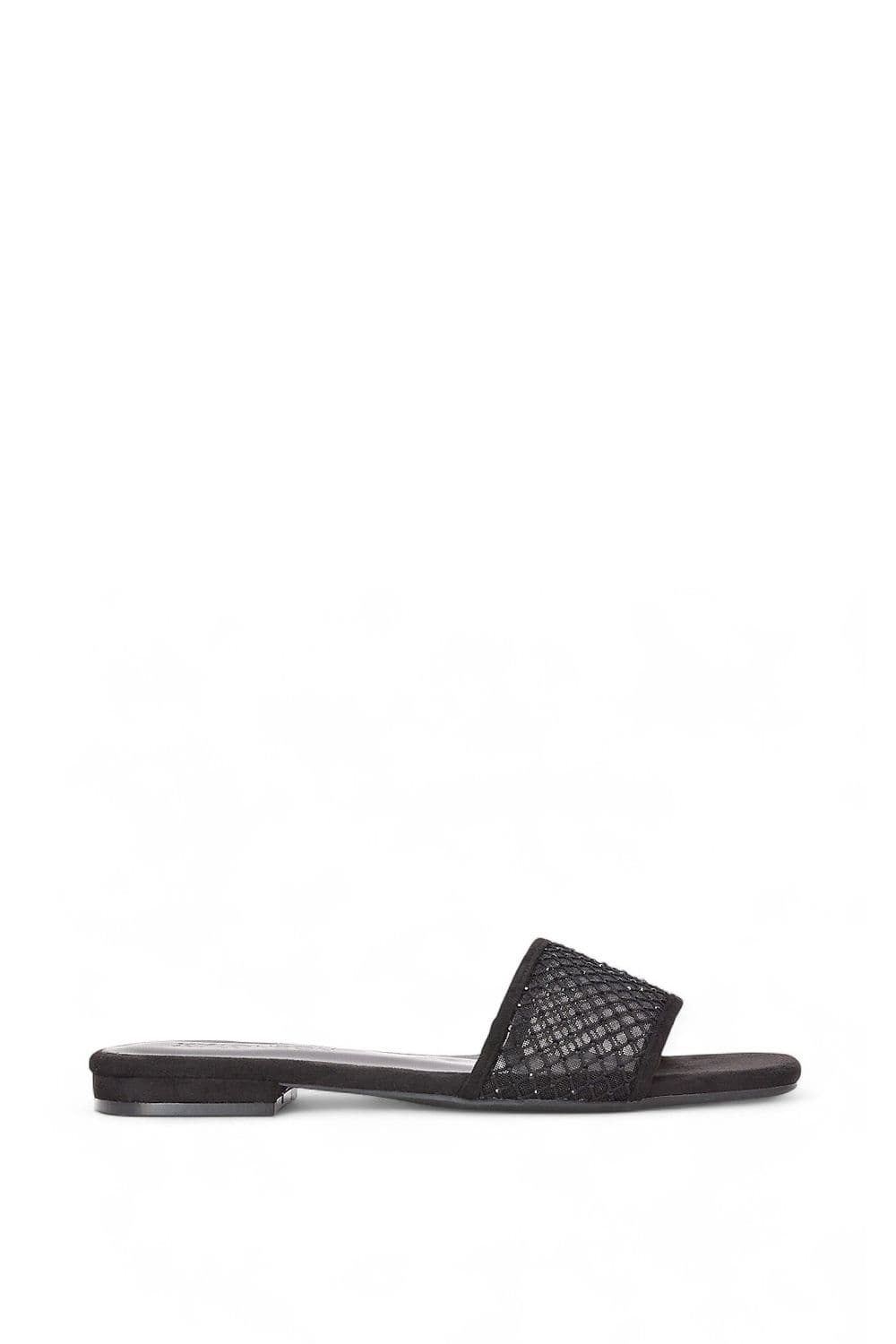 XY London Women's 'Gabrielle' Flat Slip On Open Toe Diamante Slider Mule Sandals in Black | Size: 6