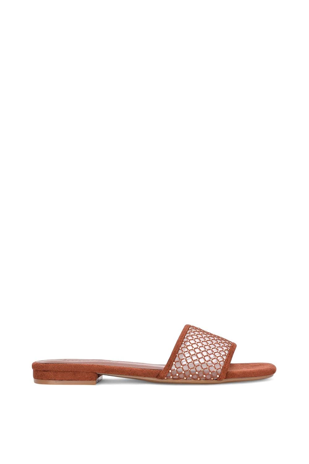 XY London Women's 'Gabrielle' Flat Slip On Open Toe Diamante Slider Mule Sandals in Brown | Size: 4