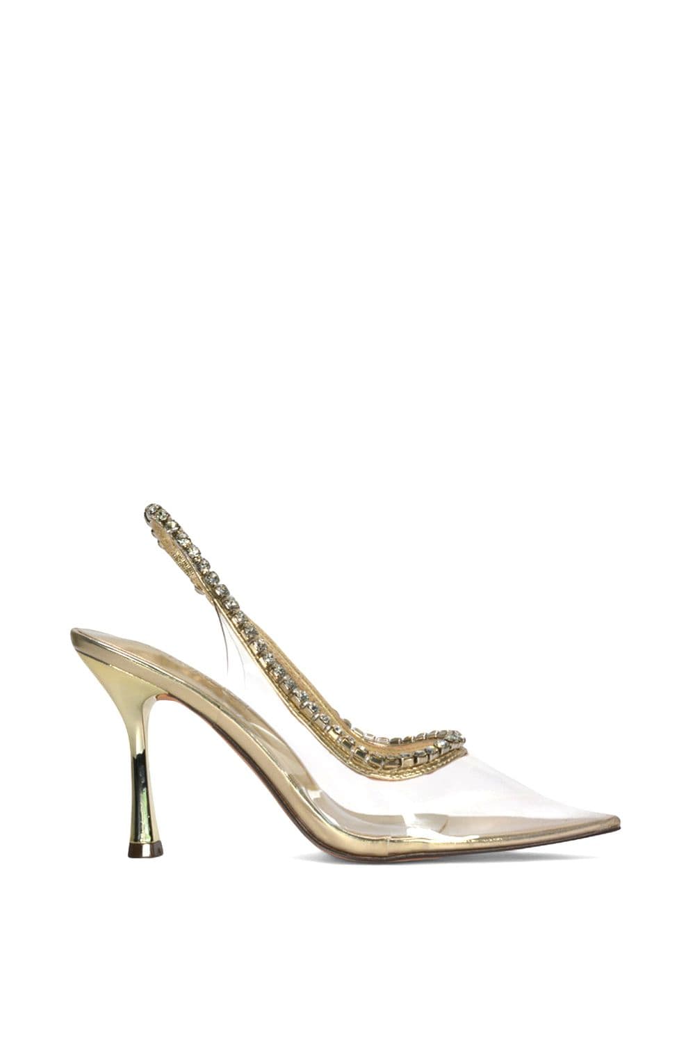 XY London Women's 'Beryl' High Heel Clear Perspex Pointed Toe Court Shoes with Jewels in Metallic Gold | Size: 5