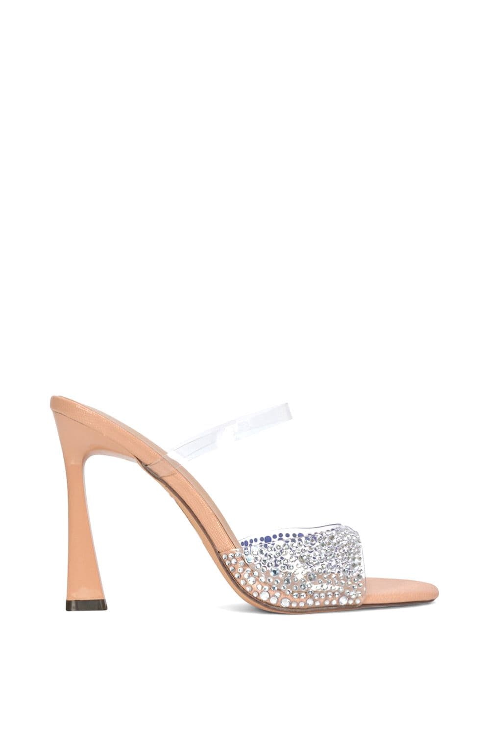 XY London Women's 'Lois' Square Open Toe Rhinestone Perspex High Heeled Mules in Nude | Size: 8