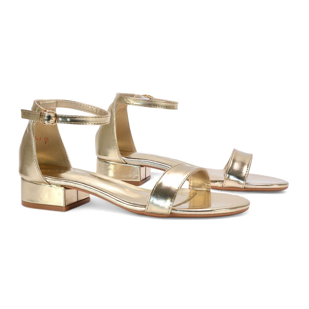 XY London Women's 'Tate' Ankle Strap Low Block Heel Summer Sandals in Metallic Gold | Size: 4