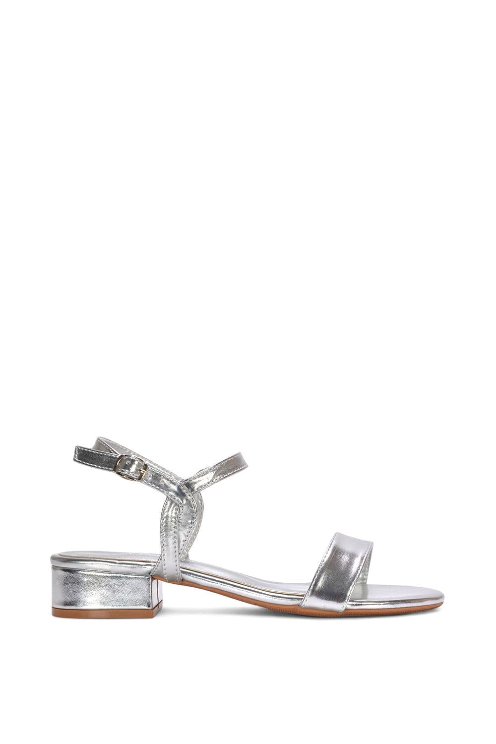 XY London Women's 'Moana Low Bock Heel Round Toe Sandals With Buckle Fastening in Metallic Silver | Size: 3