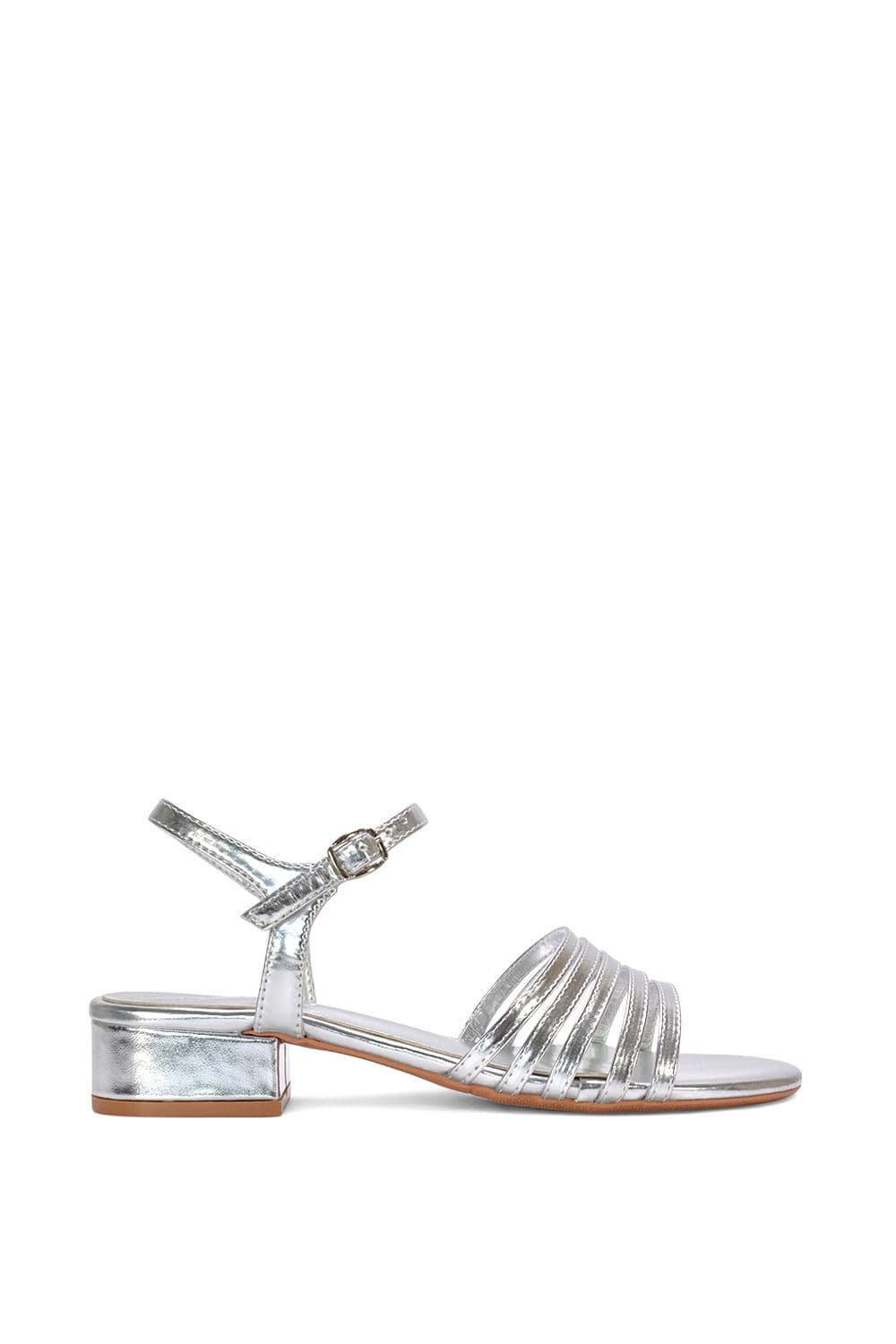 XY London Women's 'Katie' Low Heel Open Toe Sandals With Ankle Strap in Metallic Silver | Size: 3