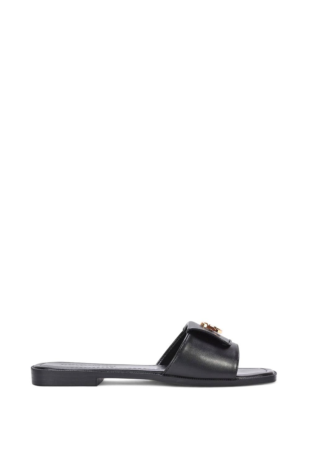 XY London Women's 'Leigh' Open Toe Foldover Buckle Slip On Flat Slider Mules in Black | Size: 4