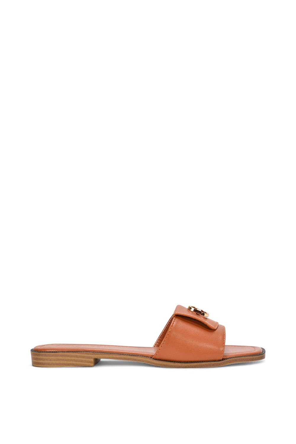 XY London Women's 'Leigh' Open Toe Foldover Buckle Slip On Flat Slider Mules in Tan | Size: 5
