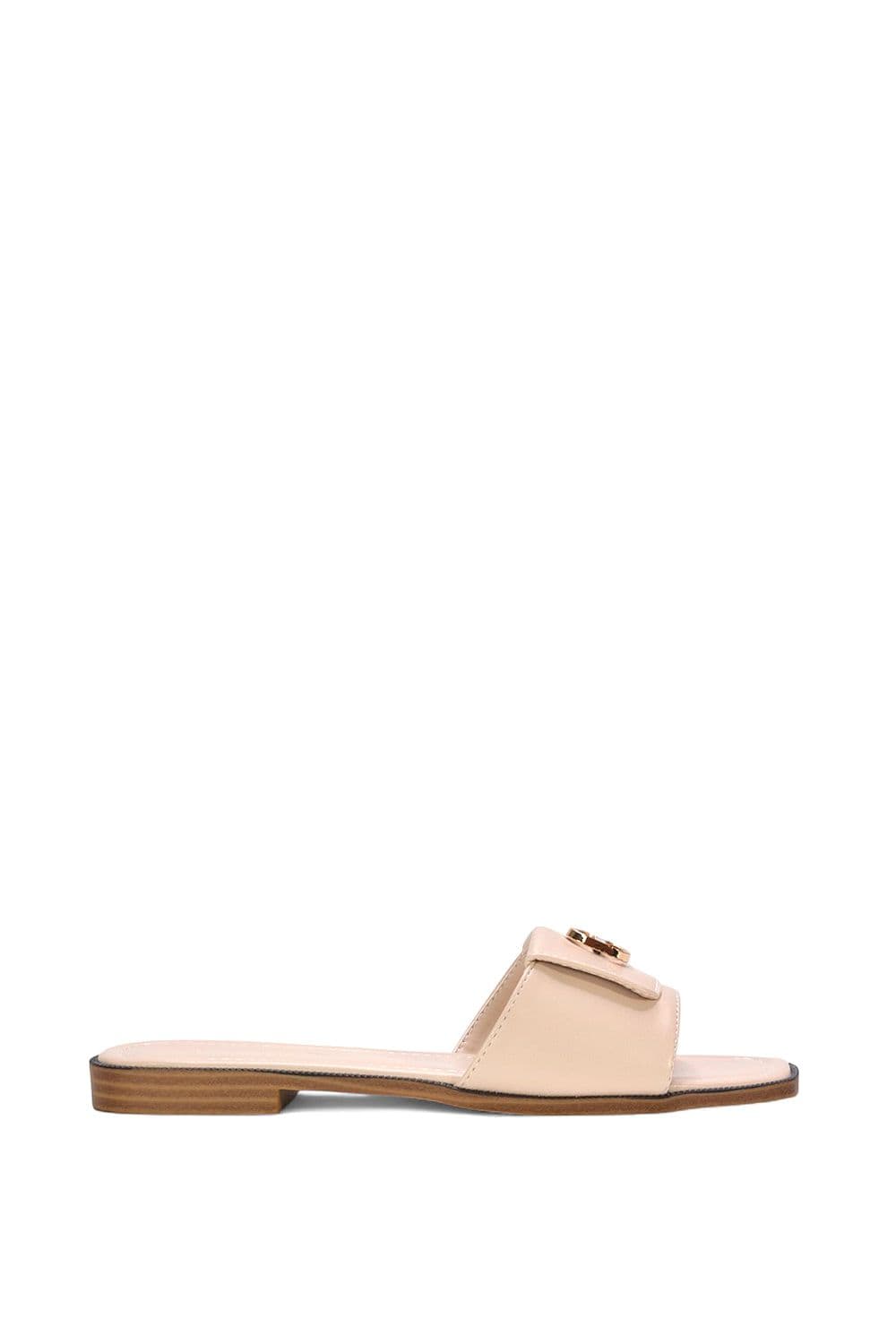 XY London Women's 'Leigh' Open Toe Foldover Buckle Slip On Flat Slider Mules in Nude | Size: 3