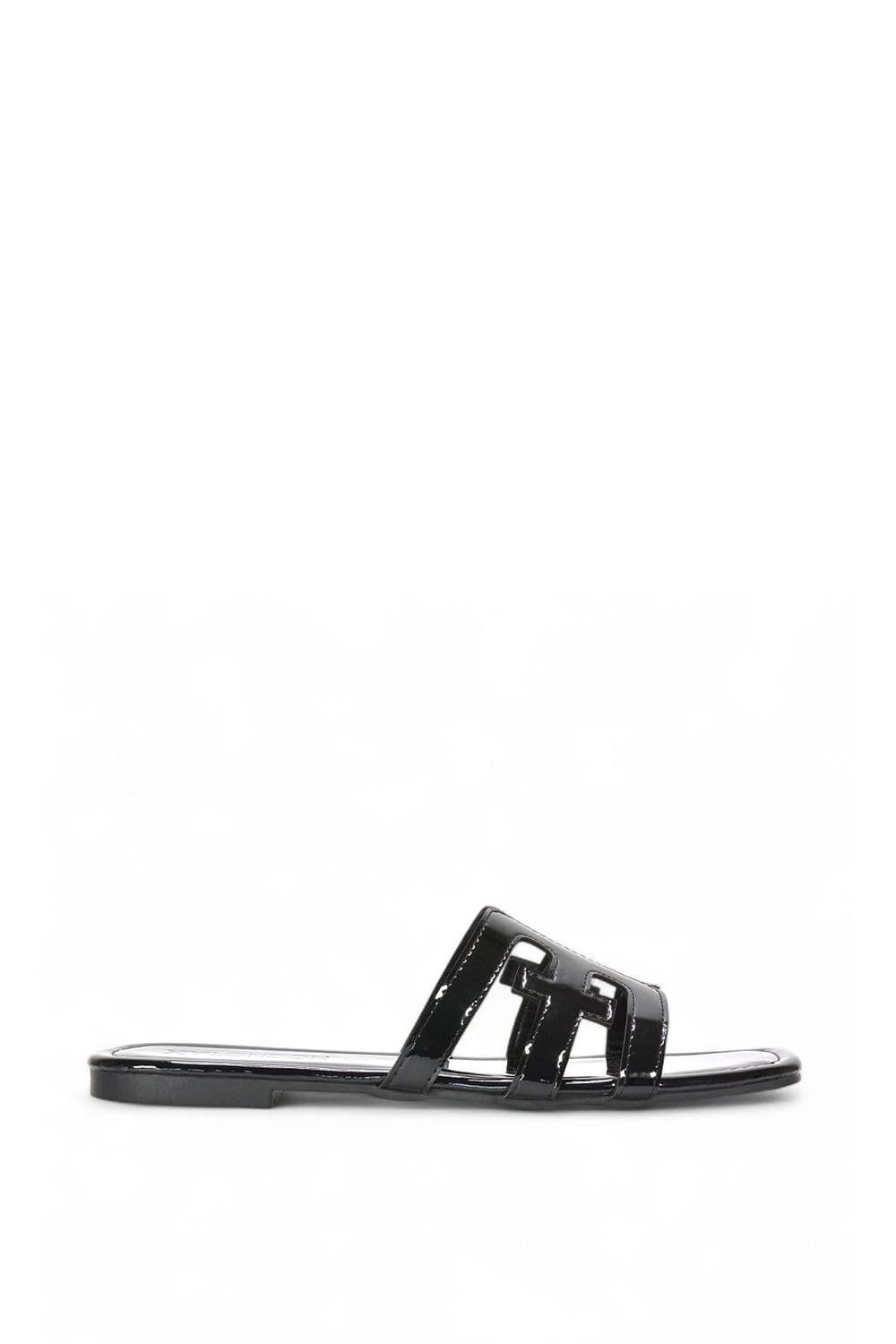 XY London Women's 'Ellie' Square Toe Cut Out Strap Flat Sandal Slides in True Black | Size: 8